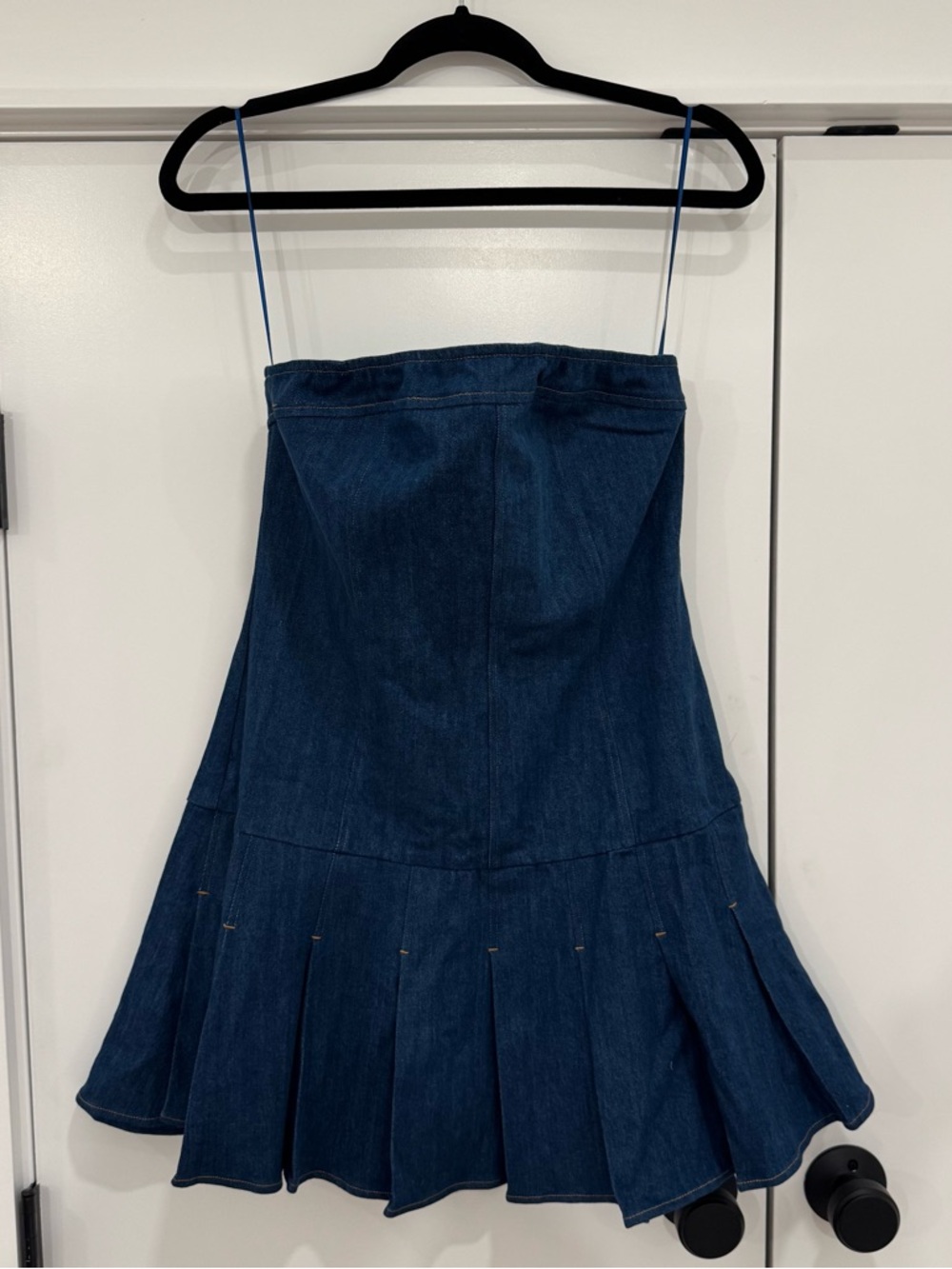Strapless Dark Blue Denim Dress with Pleated Skirt